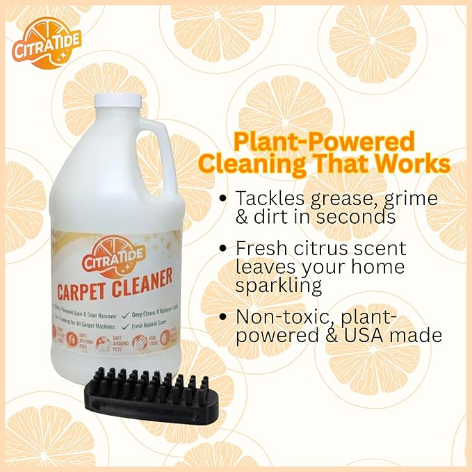 Carpet Cleaner Concentrate + Free Scouring brush – USA Made Enzymatic Citrus Formula for Carpets, Rugs & Upholstery – Eco-Friendly Pet Safe Deep Cleaner