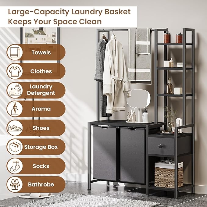 Creso hom Laundry Hamper with Shelf, 5 Tiers Tall Laundry Basket Sorter with 2 Pull-Out and Removable Bags, Clothes Rack with Laundry Sorter for Laundry Room Bathroom Bedroom, Black