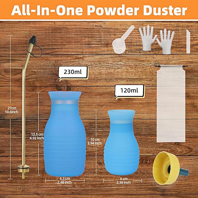 Diatomaceous Earth Duster, 230ml Large, Powder Duster Kit with Long Copper Tube & Folding Funnel, Indoor Outdoor Silicone Sprayer Heavy Duty Bulb Applicator for Home and Garden(Blue)
