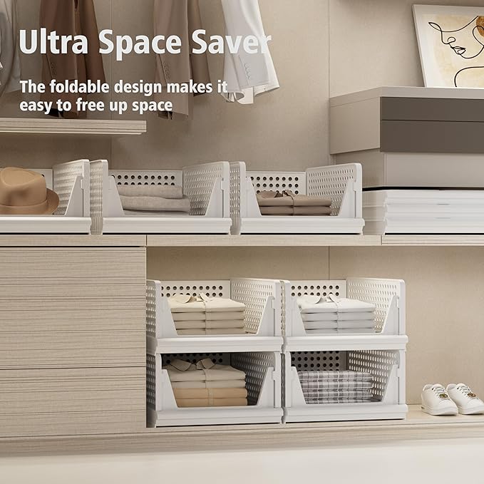 Proarea 5 Pack Stackable Plastic Storage Basket Closet Organizer Bin Foldable Clothes Organizer Storage Drawer Shelf Container for Living room Bathroom Kitchen Office (3L+2S), White, YG-3L2S