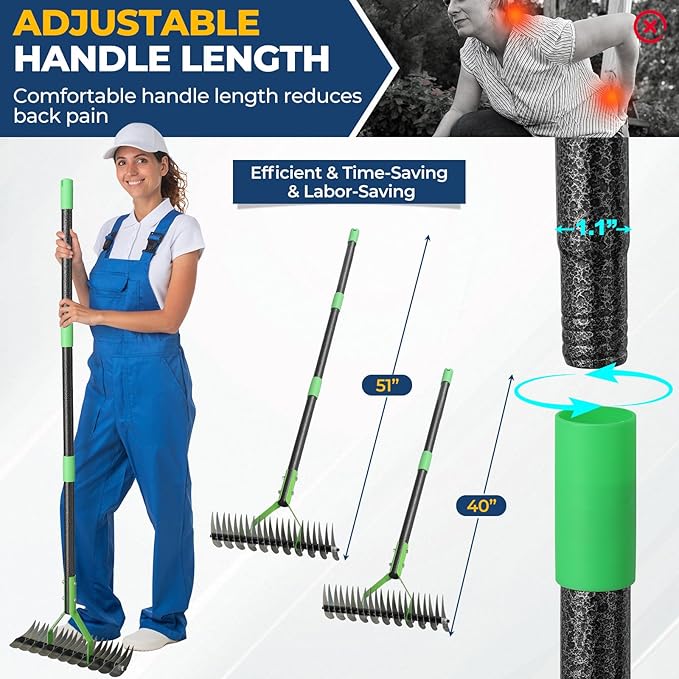 Thatch Rake & Garden Rake 70" – 13" Narrow Dual-Sided Sharp Steel Tines, Adjustable Handle, Lightweight & Reversible Head for Precision Lawn Care, Debris Removal and Soil Leveling