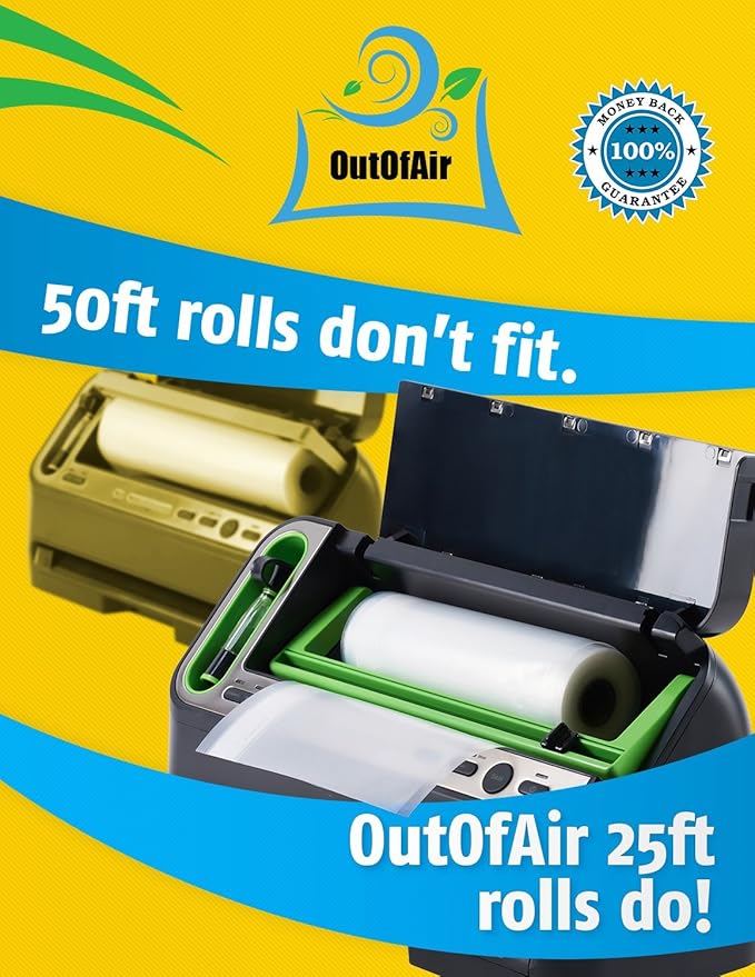 8" x 25' Rolls (Fits Inside Machine) - Pack of 2 (50 feet total) - OutOfAir Vacuum Sealer Rolls. Works with FoodSaver Vacuum Sealers. 33% Thicker, BPA Free, Sous Vide, Commercial Grade
