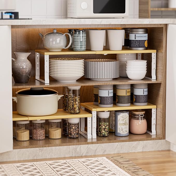 Adjustable Metal Shelving Unit, Stackable & Expendable Storage Rack for Home/Office/Kitchen, Space-Saving，Sturdy&Durable，Easy Assembly (1PACK/Large/White/Burlywood
