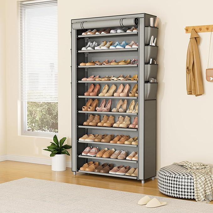 VTRIN Tall Shoe Rack with Cover, 10 Tier Shoe Organizer Storage for 50-55 Pairs Shoes and Boots Large Capacity Shoe Shelf with 8 Pockets Free Standing Shoe Rack for Closet, Entryway, Garage, Grey