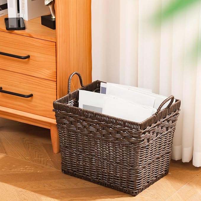 Hand Woven Magazine Holder Rectangular Wicker Divided Magazine Basket with Handle Newspaper Book Storage Basket Organizer for Office Living Room Home Office, 15.5 x 12 x 12.5 Inch