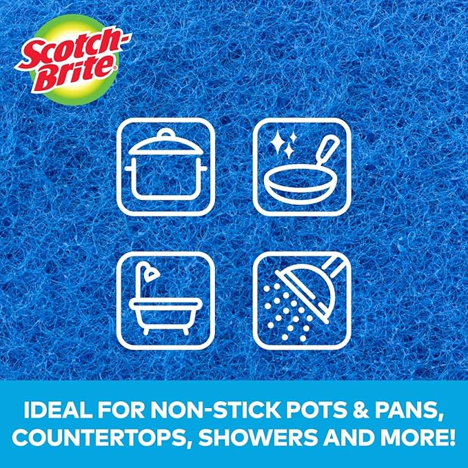 Scotch-Brite Zero Scratch Scouring Pad, Effective + Gentle Dish Scrubber for Household Cleaning, 2 Scrub Pads for Dishes, Nonstick Pots and Pans, Glass, Tubs, Showers, Reusable & Durable