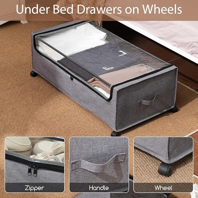 FOUCSSOMEI 4-Packs Under Bed Storage with Wheels, Under The Bed Storage Drawers On Wheels, Rolling Underbed Drawers, Lockable, Heavy Duty, XXXXL Size 90L