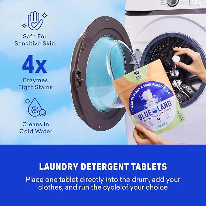 BLUELAND Laundry Essentials Kit, Fragrance Free & Clear - Plastic-Free Laundry Detergent Tablets, Oxi Booster, and Reuseable Natural Wool Dryer Balls