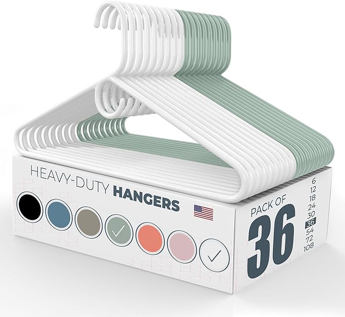 Neaties Heavy Duty Clothes Hangers 36 Pack – Made in the USA – 8lb Capacity Plastic Hangers for Adult Clothing – Durable for Pants, Coats, Jackets, or Jeans – White & Mint