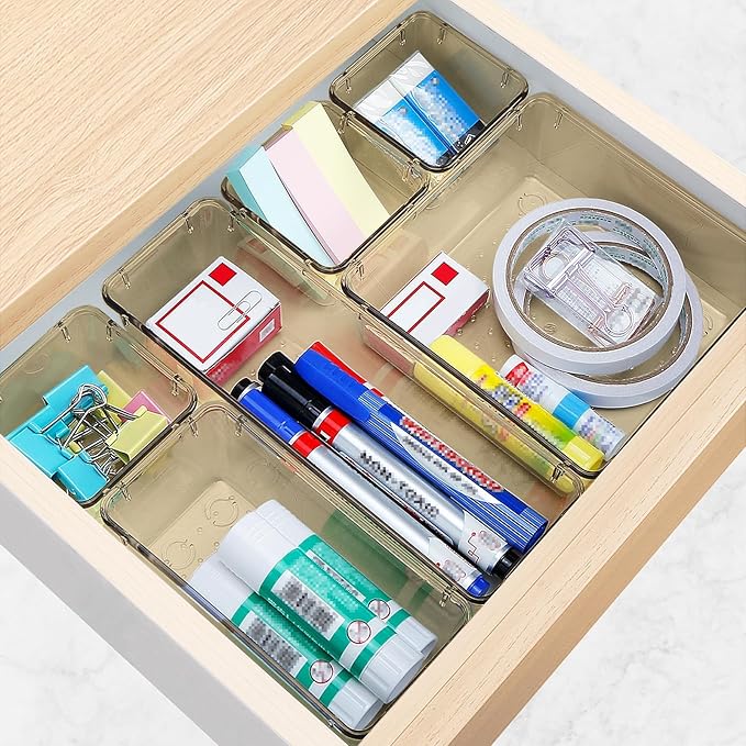 StorMiracle 16 PCS Drawer Organizer Set, 5 Varied Size Bathroom and kitchen Drawer cabinet organizer Trays, Clear Storage Bins for Makeup, Jewelry, Utensils and Gadgets, Champagne