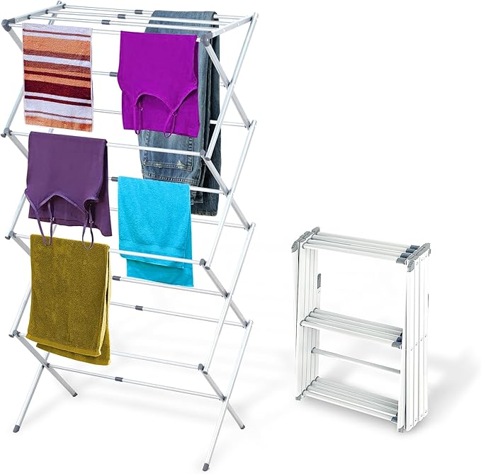 BLACK+DECKER 4-Tier Expandable Collapsible Clothes Drying Rack, Telescopic Height, Foldable Space-Saving Laundry Air Dryer for Towels, Shirts & Delicates – Durable Steel, No Tools Needed
