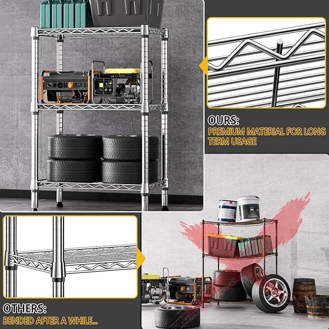 M MZG 750 lbs 3 Tier Shelf Metal Storage Shelves Shelving Wire Rack Heavy Duty Closet Organizers for Garage Kitchen Bathroom Laundry Chrome 13.8" D x 23.6" W x 35.5" H