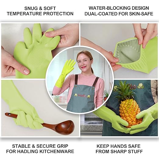 Reusable Waterproof Household Dishwashing Cleaning Rubber Gloves, Non-Slip Kitchen Glove (Green, Large (Pack of 3))