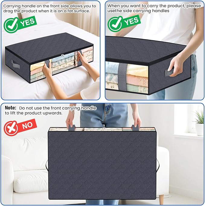 TasticTotes Under Bed Storage Containers, 2 Pack Blanket Storage Bags, Collapsible Storage Bags with Big Zippers, Clear Front, Shoe Storage and Organization for Clothes, Comforter, 60L, Grey