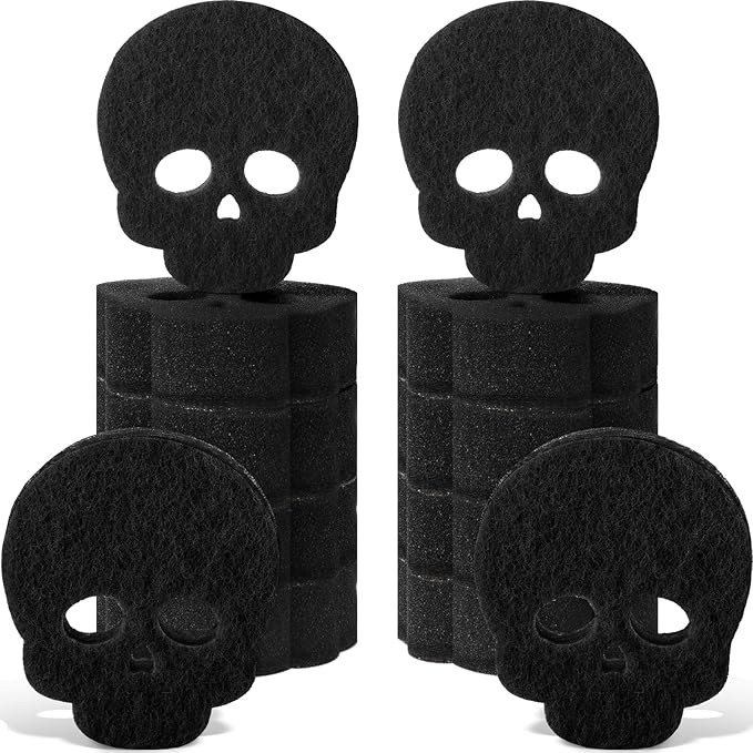 Tioncy 12 Pack Skull Sponges Bulk Gothic Dual Sided Scrubber Black Skull Sponges Reuseble Non Scratch Dishwashing Kitchen Cleaning Accessories for Cookware Pot Boiler Pan Household