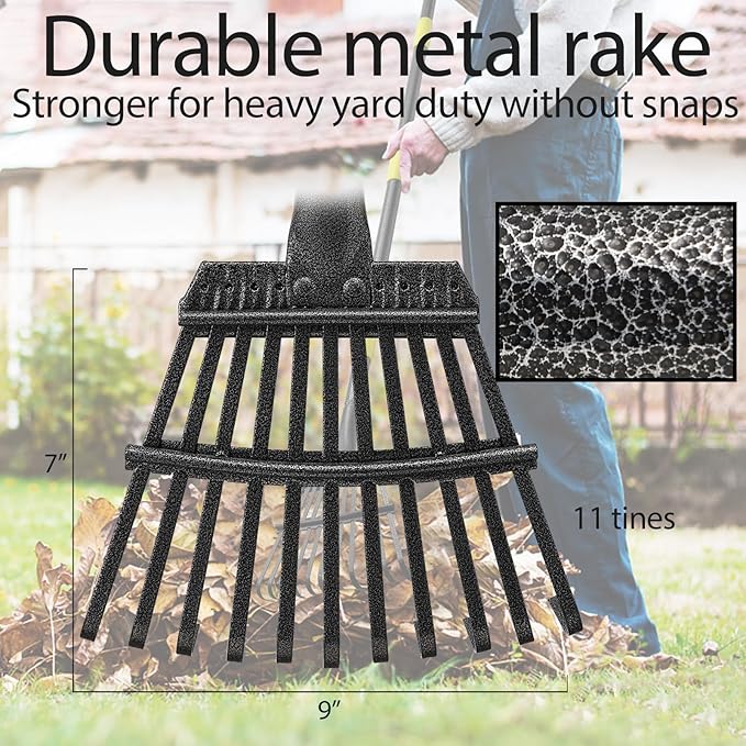 Garden Leaf Rake for Leaves with 32 Gallon Lawn and Leaf Bags & Leaf Scoops, Adjustable 11 Tines 9" Wide Small Adult Kids Lawn Shrub Yard Landscape Metal Rake Heavy Duty Long Handle 30-60