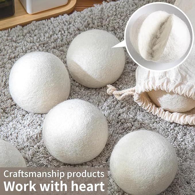 Wool Dryer Balls, Organic Wool Balls for Dryer Laundry Balls for Dryer Reusable 6P Reducing Clothing Wrinkles,Saving Drying Time and Fabric Fluffier 100% New Zealand Wool Lint Balls