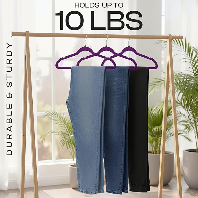 Utopia Home Velvet Hangers 50 Pack – Luxury Non-Slip Slim Pant & Coat Hangers, Strong Space-Saving Clothes Hangers with Pants Bar and 360° Swivel Hook – Purple