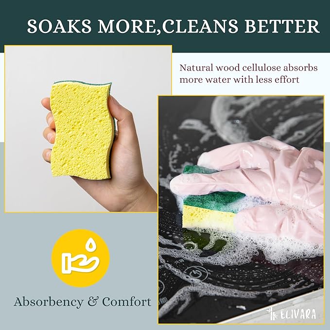 Kitchen Sponges – 12 Pack – Non-Scratch Dual-Sided Cellulose Scrub Sponges for Dishes, Pots, and Pans – Durable, Absorbent, and Reusable (Green/Yellow)