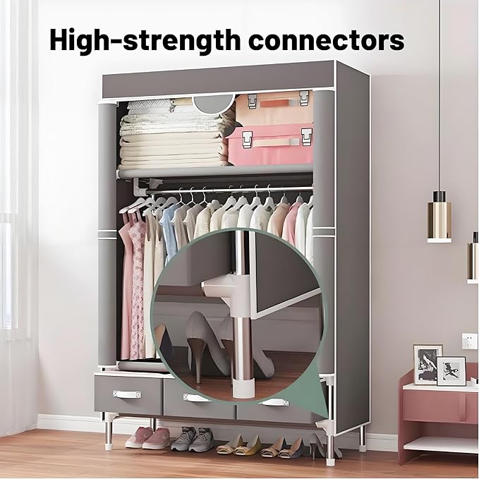 Portable Wardrobe Closet with Shelves & Drawers - Light Grey Oxford Fabric Clothes Organizer for Bedroom, Dorm Room - Waterproof, Easy Assembly No Tools Needed(35.4" x 17.7" x 67")