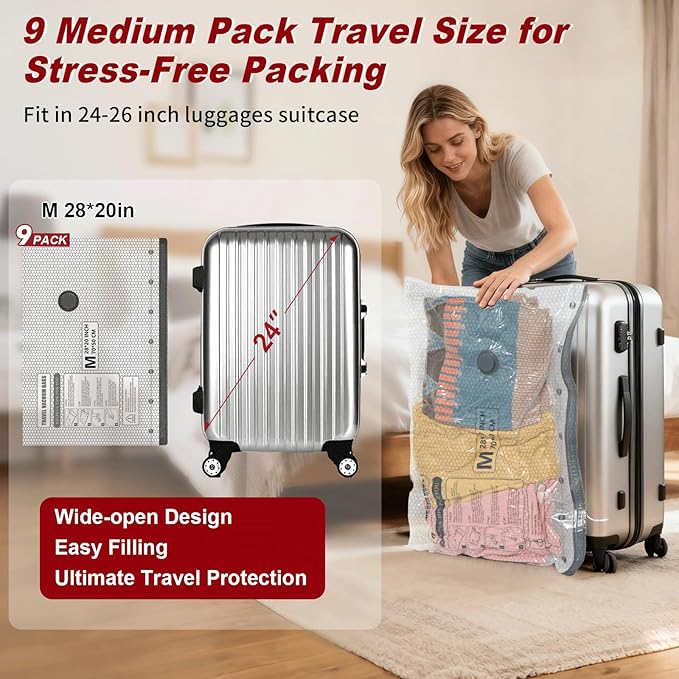 Rechargeable Wireless Pump Travel Vacuum Storage Bags Set, 9 Pack (9M) Portable Space Saver Bags for Travel & Home, Vacuum Compression Packing Seal for Clothes, Blankets, Home Seasonal Storage Bags