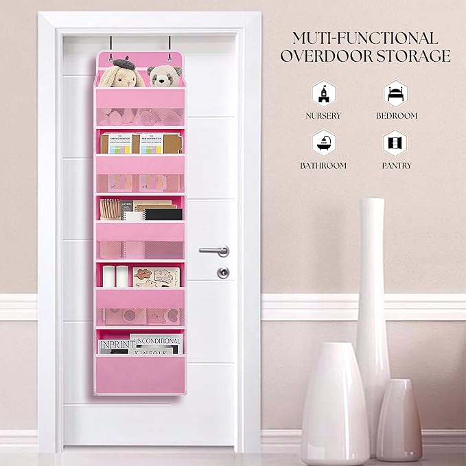 TYMENSH Over Door Organizer with 5 Large Pockets, Heavy Duty Hanging Organizer Storage, Closet Bathroom Nursery Bedroom Dorm, Toys Cosmetics Sundries and Baby Essentials, Pink