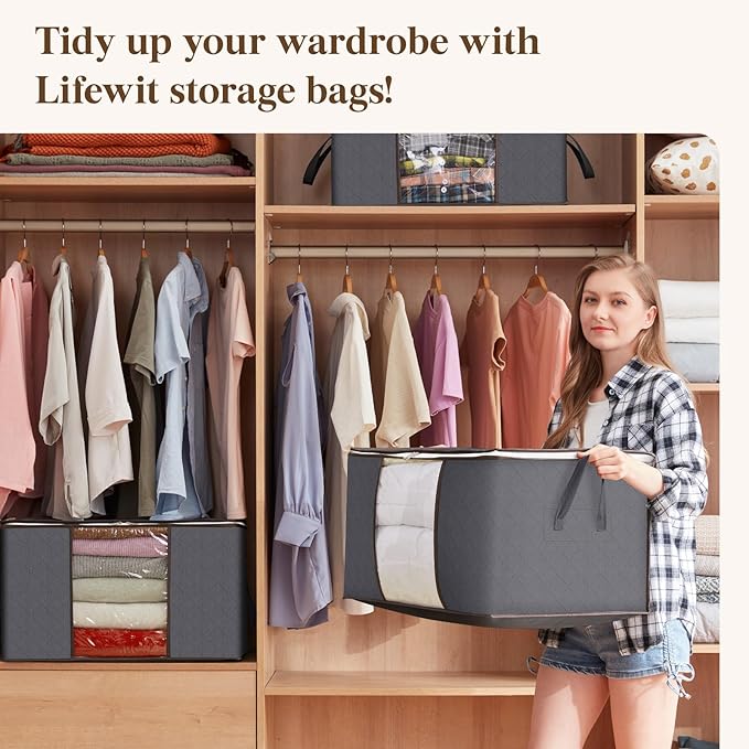 Lifewit 18 Pack 60L Clothes Storage Bins with Lids, Foldable Blanket Storage Bags with Zippers, Clear Window and Reinforced Handles, Closet and Organization for Clothing, Sweater, Comforter, Bedding