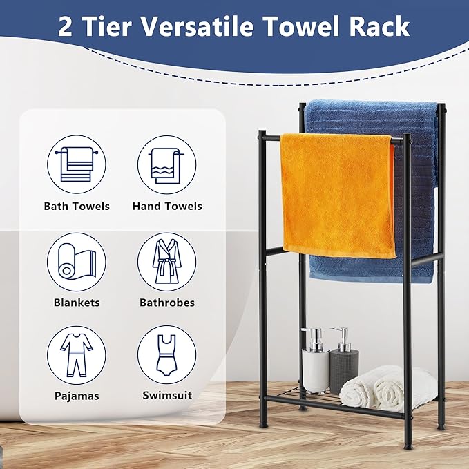 Free Standing Towel Rack, 2 Tier Towel Racks for Bathroom with Storage Shelves, Outdoor Standing Towel Drying Rack for Poolside, Black, DECLUTTR
