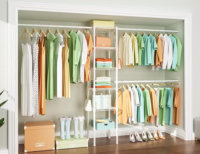 Ulif M1 Closet Storage Organizer System, 6 Tiers Heavy Duty Metal Garment Rack with 3 Expandable Hanger Rods, Wall Mounted Space Saver Suits from 5.4-8.7 ft. Width, 71.2”H x 14”D, 700LBS, White