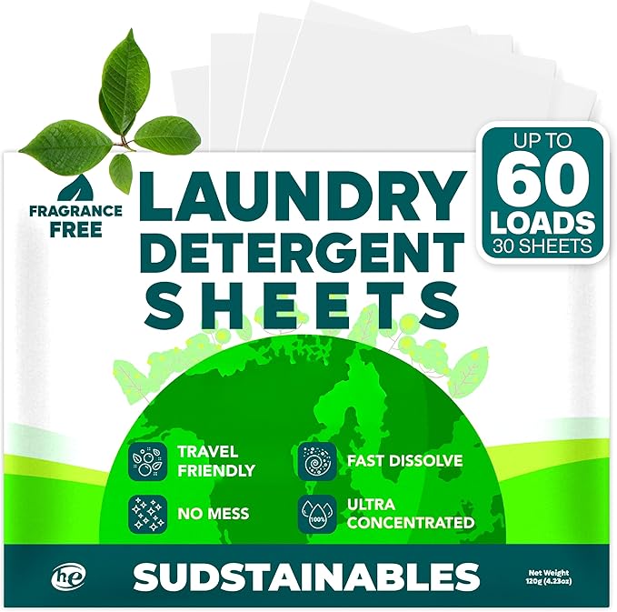 Sudstainables Laundry Detergent Sheets 60 Loads – Dissolvable Laundry Sheet for Washing Machines, Compact Alternative to Liquid & Powder Detergent, Travel-Friendly Soap | Fragrance Free