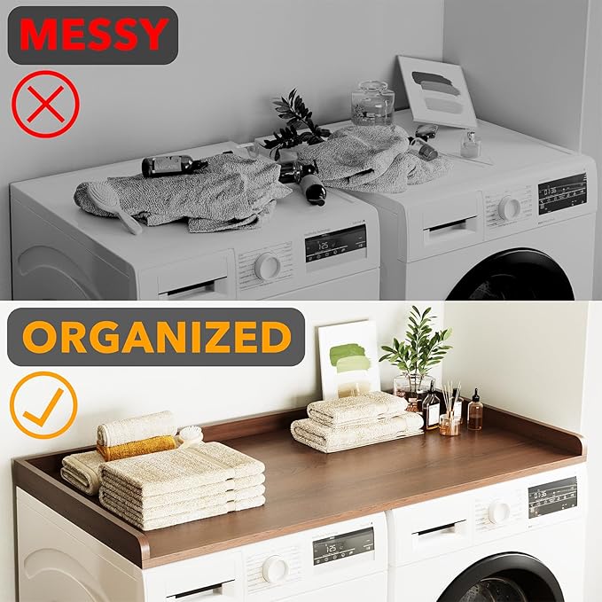 SpaceAid Washer Dryer Countertop, Laundry Wood Shelf Topper with Edge, 54" Width x 27.5" Depth Cover Guard Organizer for Washer and Dryer Laundry Hamper Counter Storage Organization (Brown Wood)
