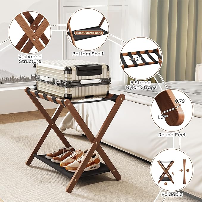 Fully Assembled Luggage Rack, Walnut Luggage Rack for Guest Room, Bamboo Folding Suitcase Stand with Storage Shelf, 5 Nylon Straps, Luggage Holder for Bedroom Hotel, 26.77"W x 16.93"D x 22.5"H, 1 Pack