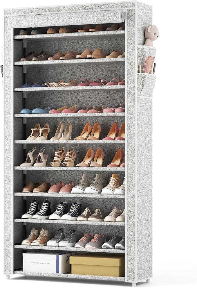 ROJASOP 10 Tier Shoe Rack with Covers Large Capacity Stackable Tall Shoe Shelf Storage for 50-55 Pairs Shoe and Boot, Sturdy Free Standing Shoe Rack Organizer for Closet, Entryway, Bedroom, Printing