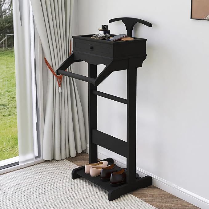 Wooden Valet Stand for Men, Suit Valet Stand with Top Tray, Storage Drawer, Bottom Shoe Rack, Freestanding Clothes Rack for Living Room, Entryway, Bedroom (Black with 1 Storage Drawers)