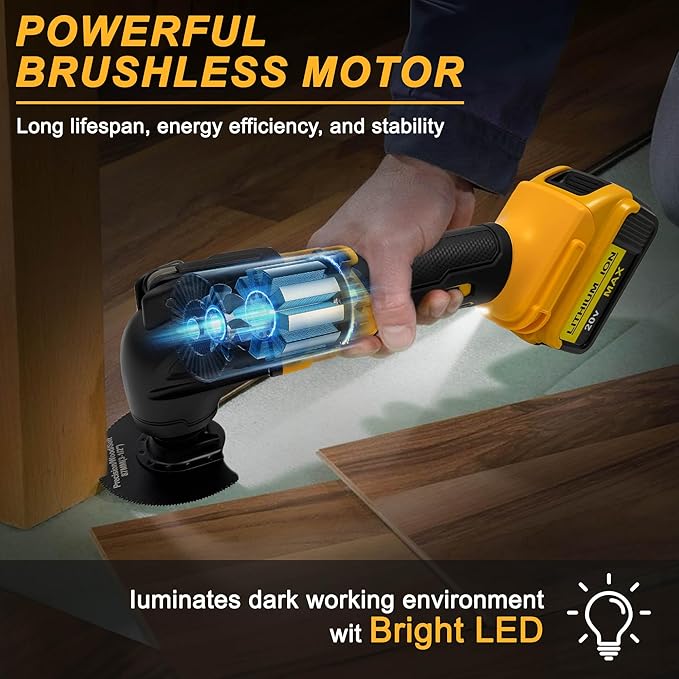 Cordless Oscillating Multitool Compatible with DeWalt 20V Max Battery, Tool Only, 6 Speeds 8,500-21,000 RPM, Bulit-in LED Light, 22 Accessories, Oscillating Power Tools for Scraping Cutting Sanding