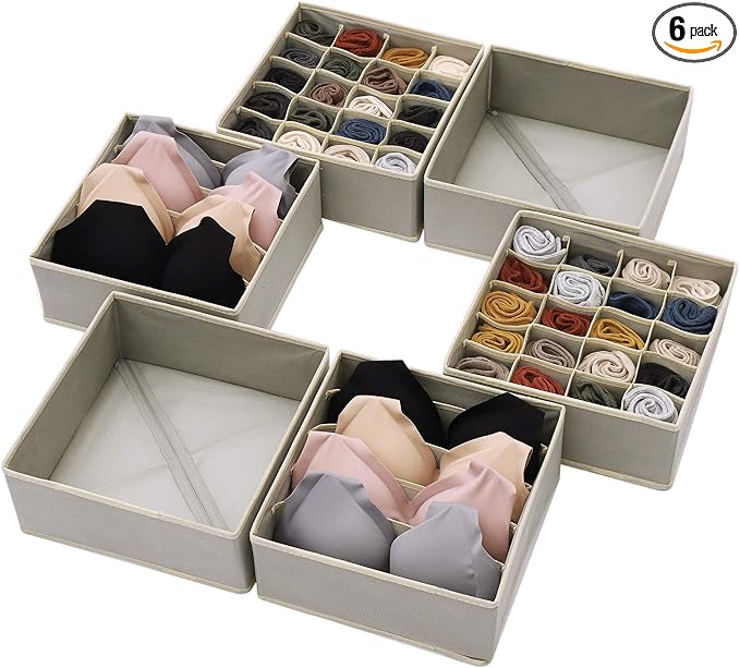 DIOMMELL Set of 6 Foldable Cloth Storage Box Closet Dresser Drawer Organizer Fabric Baskets Bins Containers Divider for Clothes Underwear Bras Socks Lingerie Clothing, Grey 22-2000