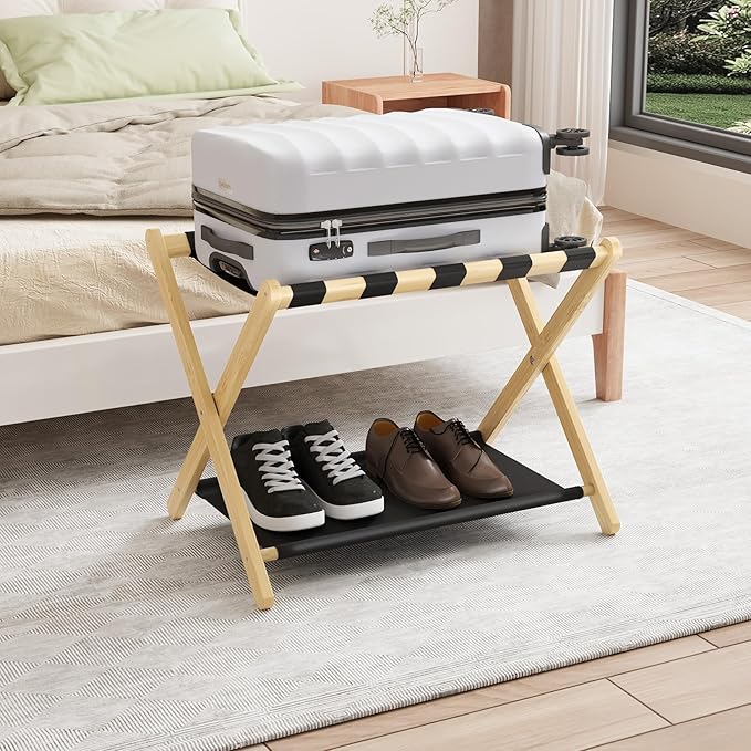 Smuxee Natural Bamboo Luggage Rack for Guest Room, Foldable Suitcase Stand with Storage Shelf, Easily Assembled Luggage Stand with 5 Nylon Straps for Guest Room Bedroom Hotel