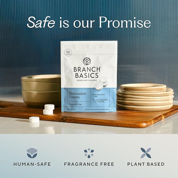 Branch Basics Dishwasher Tablets – 60 Ct | Plastic-Free, Fragrance-Free, Human-Safe | Delivers a Powerful Clean Without Harsh Chemicals