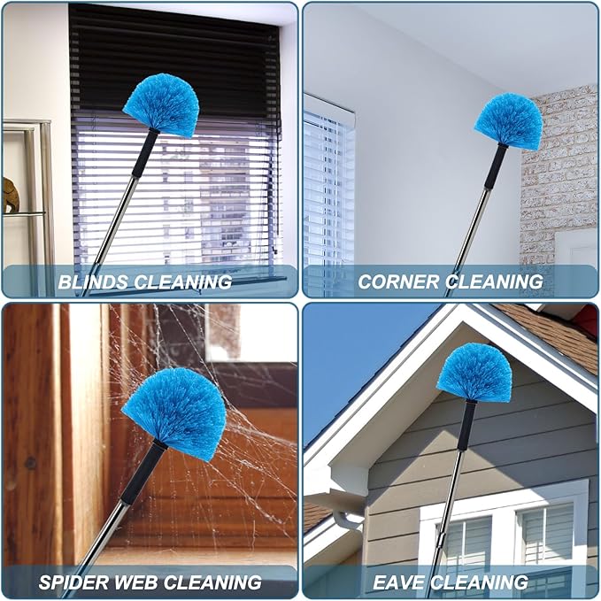 4 Pack Cobweb Duster Head Brush-Twist-On Spider Web Brush for Outdoor & Indoor Web Cleaning // Fits Standard Acme Threaded Poles // Cobweb Duster Brush Head Only-Blue