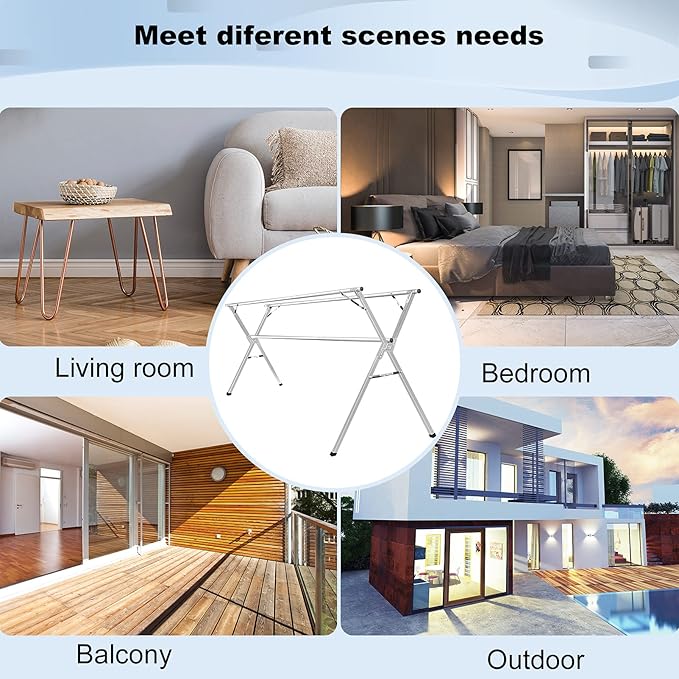 Sarahipe Sillars Clothes Drying Rack, 63 inches Laundry Drying Rack Clothing Foldable & Collapsible Stainless Steel Heavy Duty Clothing Drying Rack with Windproof Hooks for Indoor Outdoor