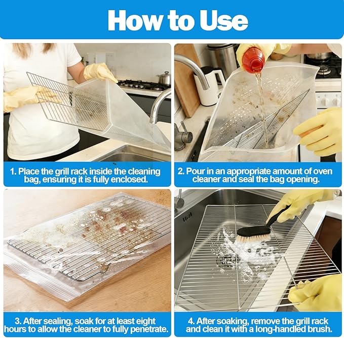 XANGNIER 9 Pack Oven Rack Cleaning Bags Kit with Brush,No Cleaner Included,Simple to Use,No Messy Hands Reusable Leakproof Soaking Cleaner Bags for Removable Metal Rack,BBQ Grills,Grill Grate