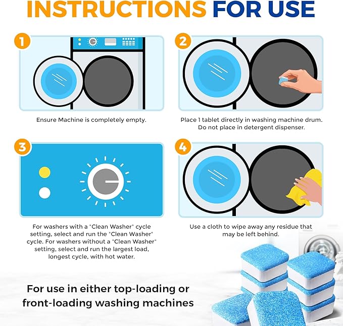 Bastion Washing Machine Cleaner, Deodorizer, & Descaler 6-Pack - Active Deep Cleaning Tablets For HE Front Loader & Top Load Washer, Septic Safe Eco-Friendly - 3 Month Supply