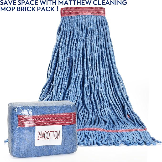Matthew Cleaning 24oz Heavy Duty Mop Head Commercial Replacement for General and Floor Cleaning, Wet Industrial Blue Cotton Looped End String Head Refill (Pack of 3) Blue