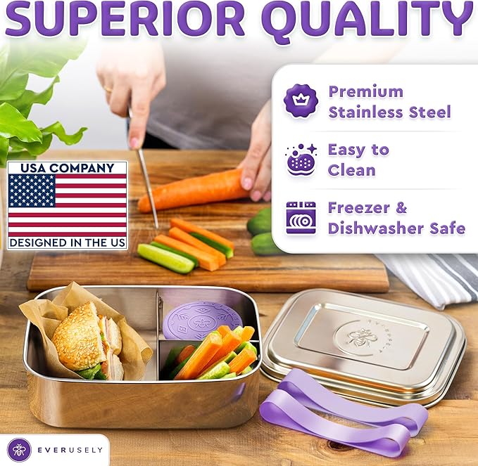 Everusely - Bento Box - Lavender, 60oz / 1.8 L - Extra Large Stainless Steel Lunch Box + Leakproof Condiment Container - 3 Compartment Snack Organizer for On the Go Meals - Freezer & Dishwasher Safe