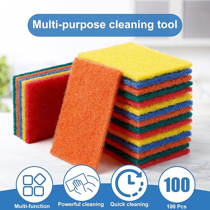 100 Pcs Scouring Pads,Heavy Duty Scour Pads,Dish Scrubber Scouring Pad,Reusable Non Scratch Household Scrub Pad for Dish Kitchen Scrubbers & Metal Grills,4.3 x 3 x 0.3 in (Multicolor)