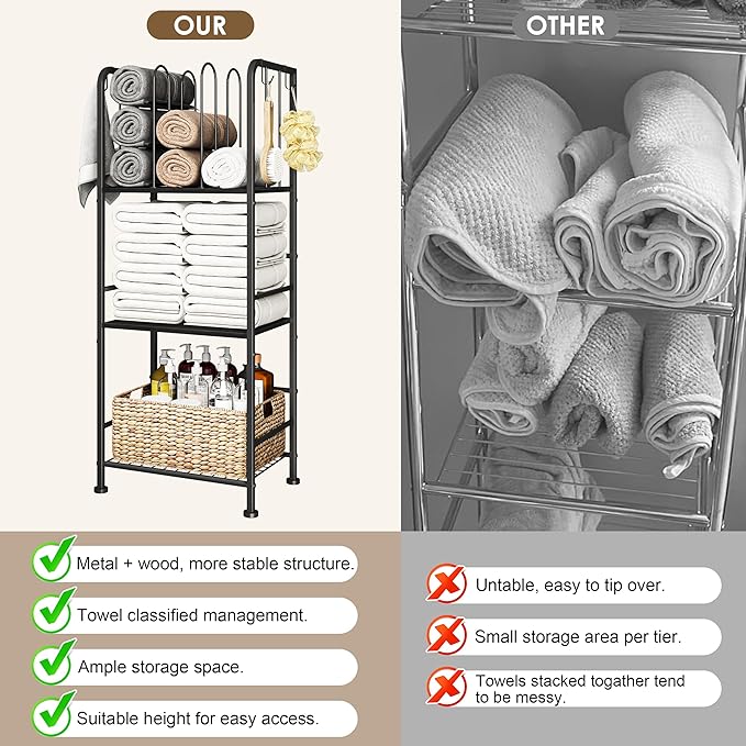 Towel Racks for Bathroom 3-Tier, Durable Metal Towel Rack Stand, Pool Items Holder, M-Shaped Detachable Dividers for Towel Storage, Space-Saving Storage Organizer Black, Patent Pending