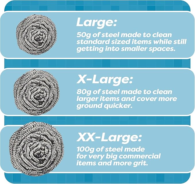 12 Pack Stainless Steel Scourers by Scrub It – Steel Wool Scrubber Pad Used for Dishes, Pots, Pans, and Ovens. Easy scouring for Tough Kitchen Cleaning. (X Large (80 gram))
