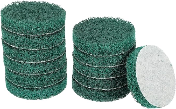 HARFINGTON 12pcs Scrubber Scouring Pads 180 Grits 3 Inch Drill Power Brush Hoop and Loop Surface Conditioning Disc Drill Scuffing Disc Scrub Pads for Home Kitchen Cleaning, Green