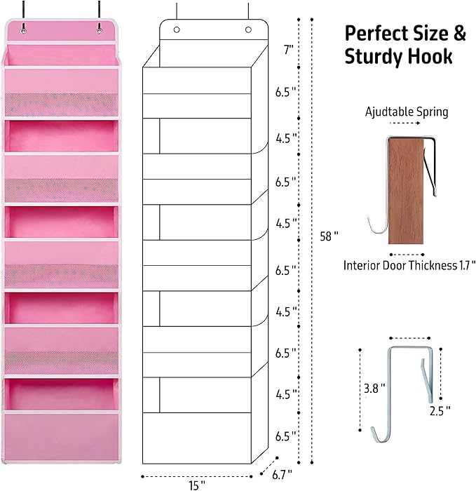 TYMENSH Over Door Organizer with 5 Large Pockets, Heavy Duty Hanging Organizer Storage, Closet Bathroom Nursery Bedroom Dorm, Toys Cosmetics Sundries and Baby Essentials, Pink