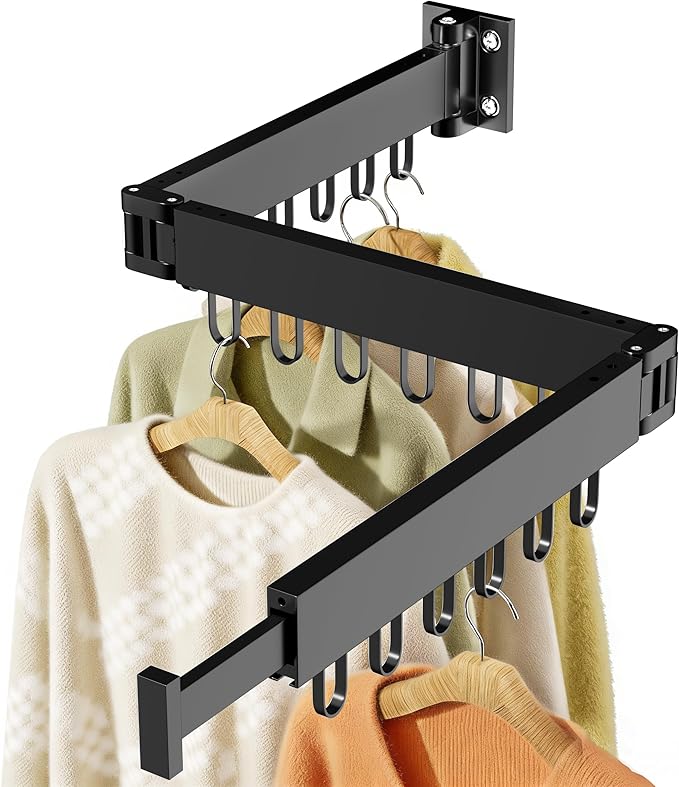 JAUREE Clothes Drying Rack Wall Mounted, Space-Saving Drying Rack Clothing, Collapsible Foldable Retractable Laundry Rack with 18 Hooks, Indoor/Outdoor, Black